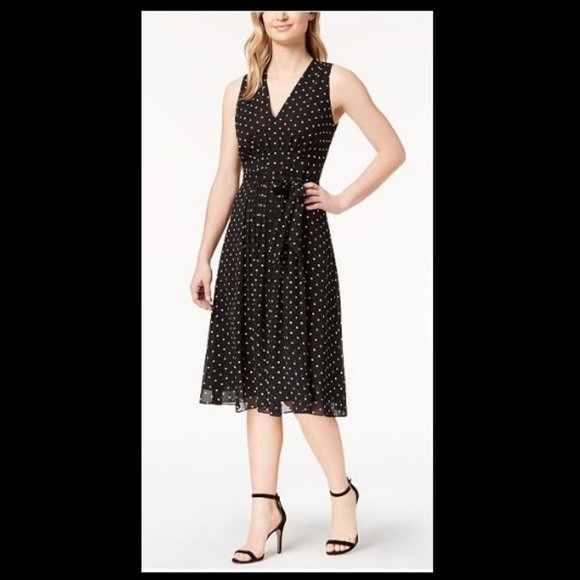 Anne Klein Black Polka Dot Midi Dress Sz 8 A-Line - Picture 1 of 5